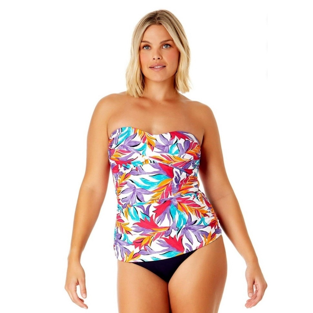 Anne Cole Women's Dance Floor Palm Twist Front Bandeaukini Swim Top Multicolor.